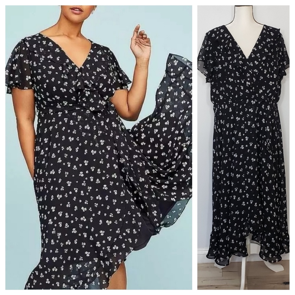 LANE BRYANT faux wrap flowy chiffon ruffles dress